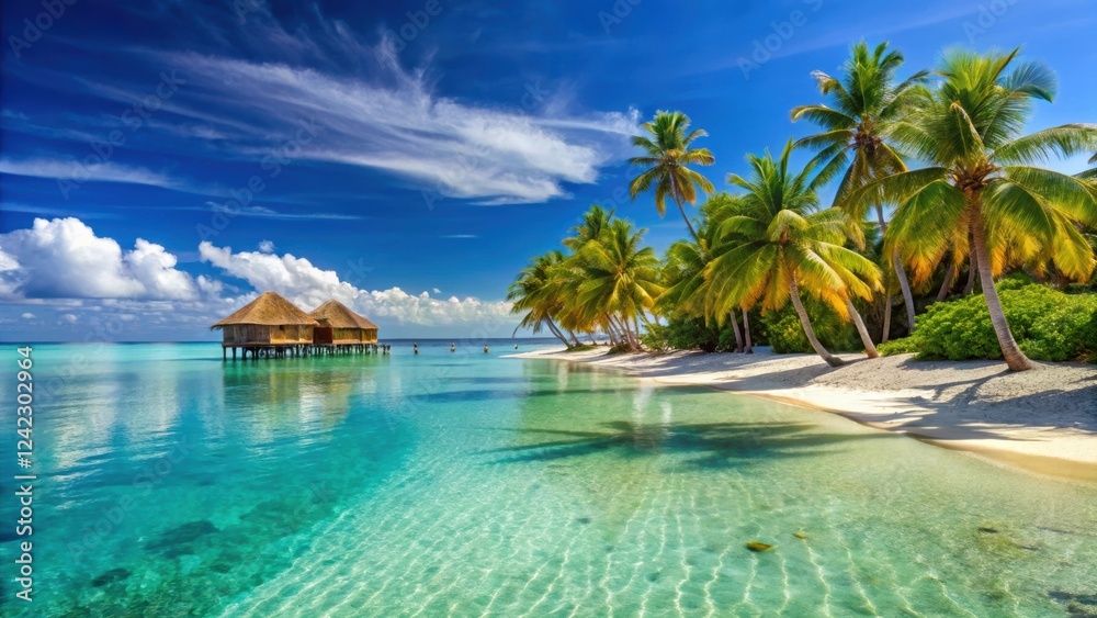 Fototapeta premium Tropical beach with white sand, crystal clear water, palm trees, and overwater bungalows, Maldives