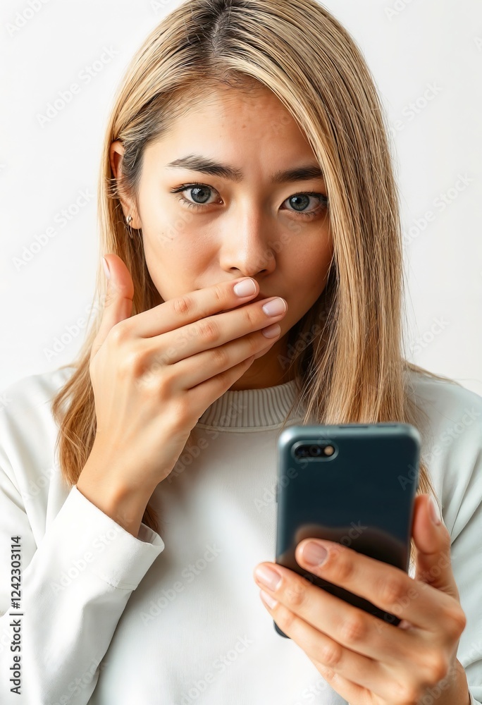 Woman shocked expression holding a smartphone in her hand and close her mouth with her hand on white background Woman shocked expression holding a smartphone in her hand and close her mouth with her hand on white background