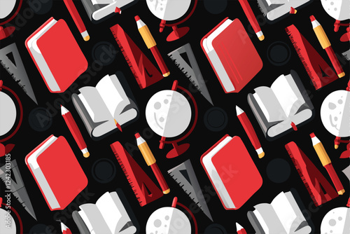 Create a vibrant, seamless pattern featuring various school supplies like pencils, erasers, rulers, and notebooks, in a playful, colorful style.
