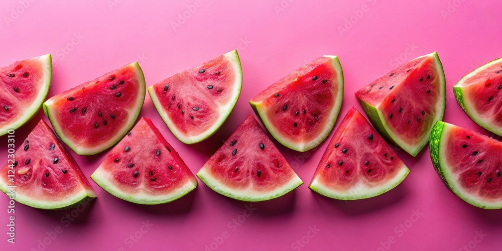 Sliced watermelons arranged on a pink background for a vibrant and refreshing summer display, watermelon, fruit, pink