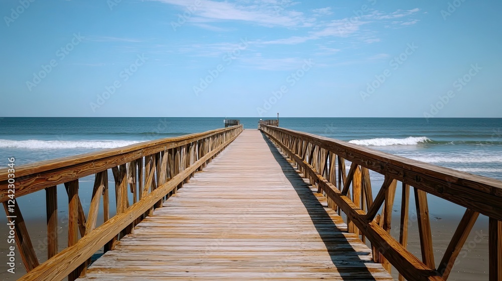 Wooden pier extending into the ocean on a clear sunny day offers scenic path Wooden pier extending into the ocean on a clear sunny day offers scenic path