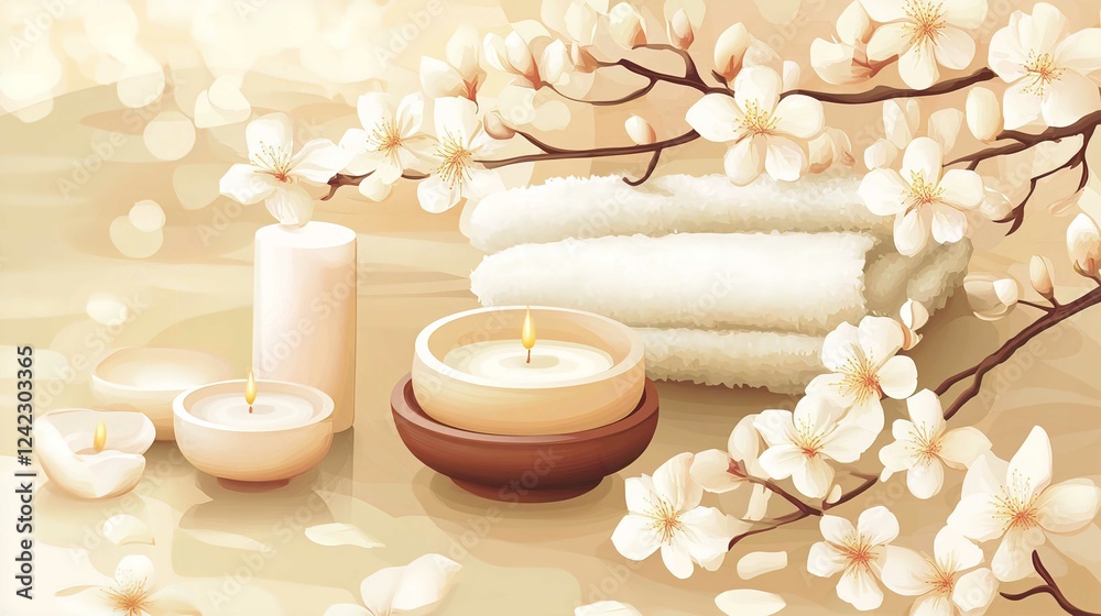 Serene Spa Setting with Pink Orchid Candle and Relaxation Towel for Aromatherapy Wellness Serene Spa Setting with Pink Orchid Candle and Relaxation Towel for Aromatherapy Wellness