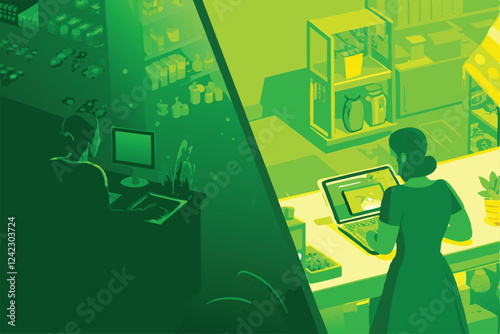 Visual comparison Traditional brick-and-mortar store vs. modern e-commerce.  Show differences in customer experience, technology use, and physical space.