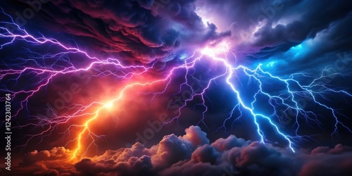 Moody and dramatic images featuring smoky neon lights intertwined with bursts of lightning in the night sky , smoky