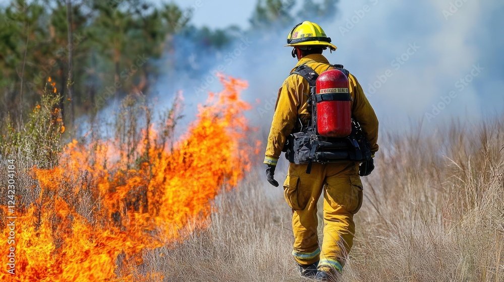 Firefighter battling wildfire in dry grass. Firefighter battling wildfire in dry grass.
