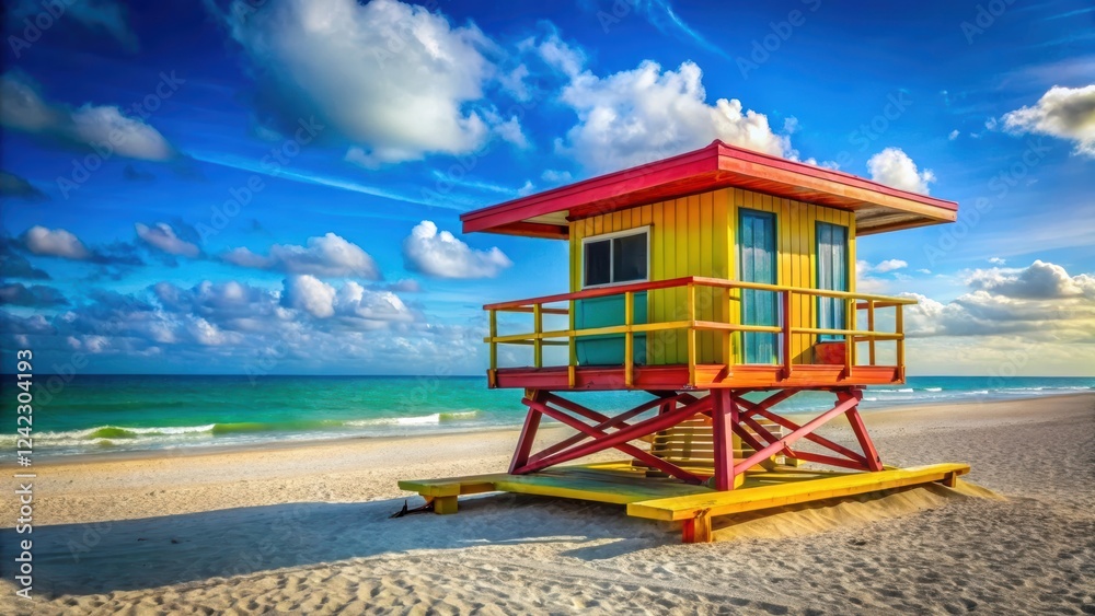 Lifeguard tower on Miami Beach shoreline with vibrant colors and clear blue sky, Miami, Beach, Lifeguard, Tower, Shoreline, Vibrant Lifeguard tower on Miami Beach shoreline with vibrant colors and clear blue sky, Miami, Beach, Lifeguard, Tower, Shoreline, Vibrant
