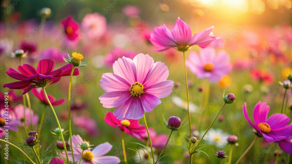 Vibrant cosmos flowers blooming in a lush field, cosmos, flowers, vibrant Vibrant cosmos flowers blooming in a lush field, cosmos, flowers, vibrant