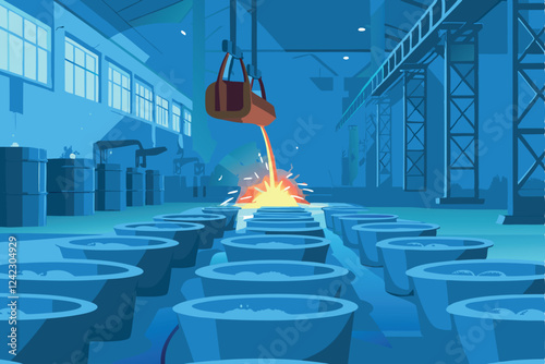 A dynamic image depicting a steel foundry in full operation; molten metal pouring with vibrant sparks flying everywhere, showcasing the intense heat and industrial process.