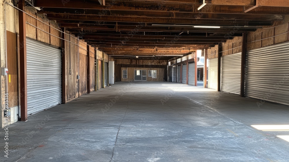 An empty storage warehouse with metal rolling doors. An empty storage warehouse with metal rolling doors.