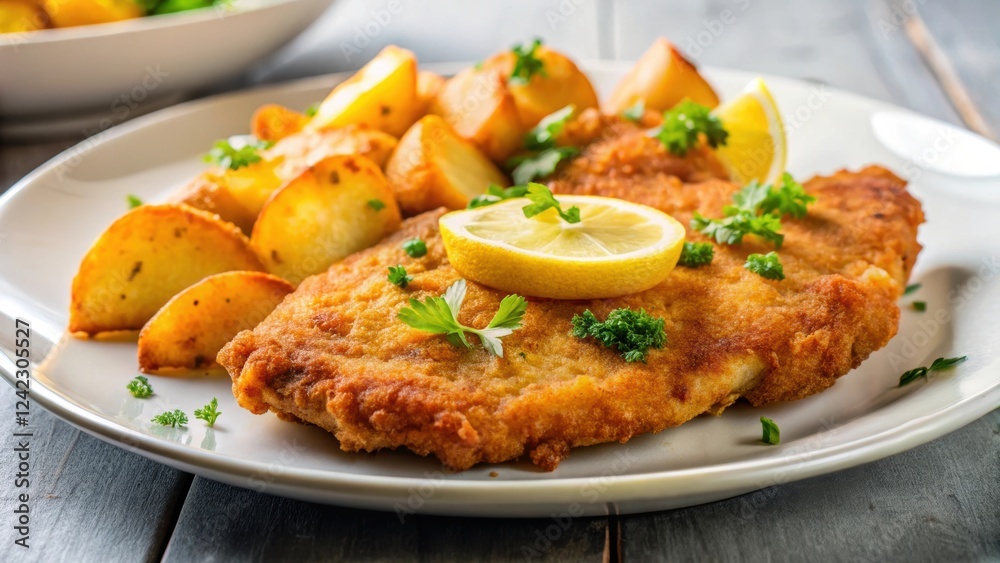 Close-up of golden brown schnitzel with a side of crispy fried potatoes on a white plate , schnitzel, fried potatoes Close-up of golden brown schnitzel with a side of crispy fried potatoes on a white plate , schnitzel, fried potatoes