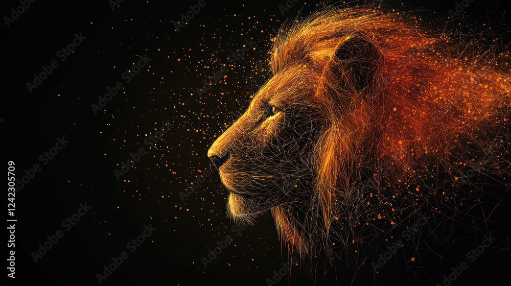 Naklejka premium Fiery lion profile, glowing mane, dark background.