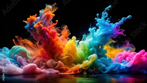 Vibrant color splashes of ink swirling in water, creating abstract patterns on a black background ,  vibrant, color splashes