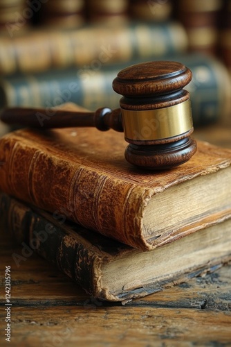 Gavel rests on old books, concept for legal decisions. Background has more books