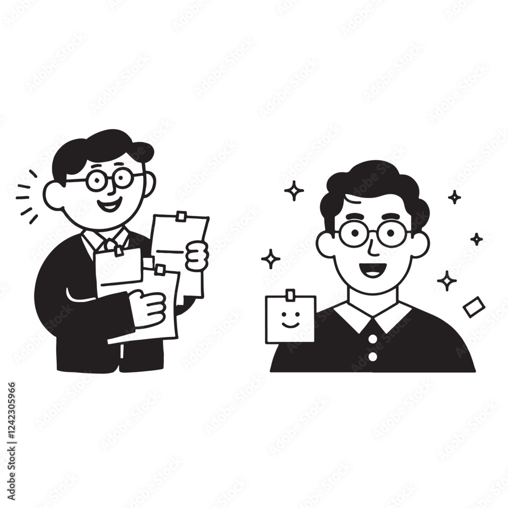Happy Man Holding Papers and Sticky Notes Illustration Happy Man Holding Papers and Sticky Notes Illustration