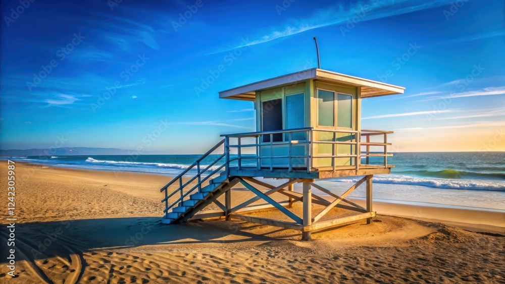 Southern California lifeguard shack overlooking the ocean with clear blue skies , lifeguard, shack, beach, coast, sand, shore Southern California lifeguard shack overlooking the ocean with clear blue skies , lifeguard, shack, beach, coast, sand, shore