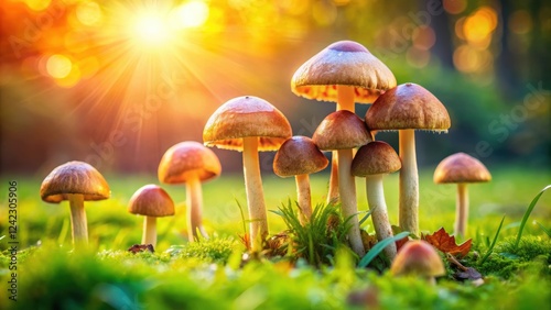 Wallpaper Mural Autumn mushrooms and toadstools with caps and stems growing in lush green grass ,  nature, fungus, seasonal, fall, vibrant Torontodigital.ca