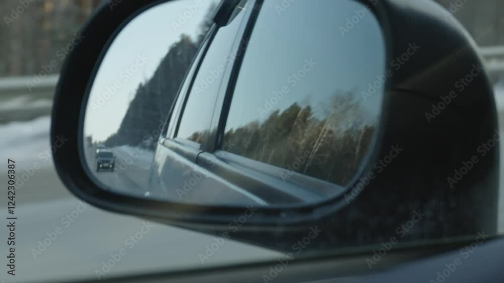 Reflection in the side mirror of a car moving on a winter highway outside the city. The concept of travel Reflection in the side mirror of a car moving on a winter highway outside the city. The concept of travel