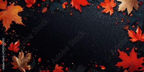 Autumn background with colorful leaves and black glittery autumn decorations on a dark background. Abstract fall template for design- banner- or postcard