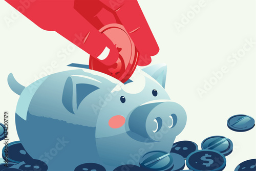 Create a vector illustration of a single coin dropping into a smiling piggy bank, emphasizing the act of saving money.