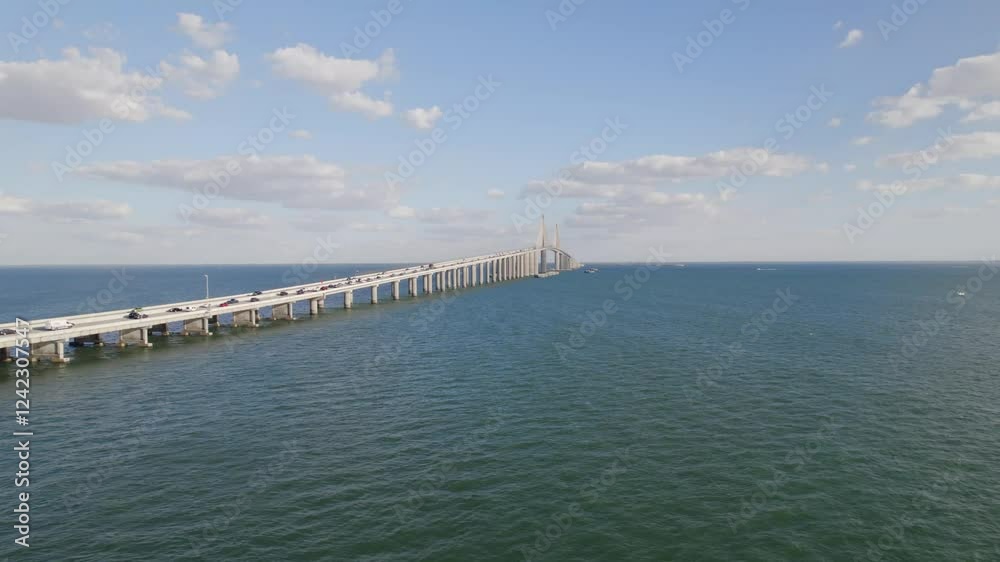The Sunshine Skyway Bridge in St. Petersburg, Florida, captured from above on a beautiful, sunny day. The Sunshine Skyway Bridge in St. Petersburg, Florida, captured from above on a beautiful, sunny day.