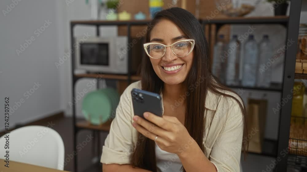 Woman smiling indoors holding phone in cozy living room setting with modern decor and natural light streaming over her latina face and stylish glasses. Woman smiling indoors holding phone in cozy living room setting with modern decor and natural light streaming over her latina face and stylish glasses.