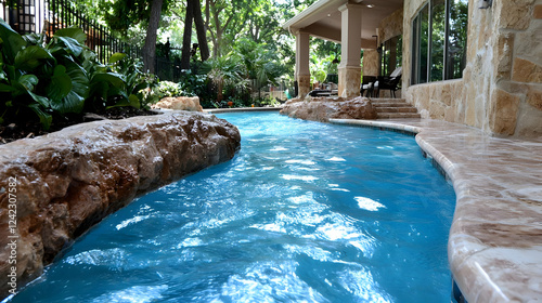 Backyard lazy river pool, luxury home, summer