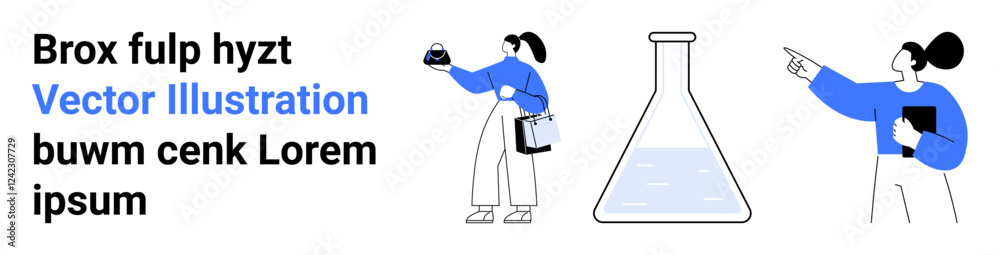 Two stylized researchers analyze a lab sample and take notes near a beaker. Ideal for education, research, teamwork, discovery, innovation, learning, science in flat landing page banner Two stylized researchers analyze a lab sample and take notes near a beaker. Ideal for education, research, teamwork, discovery, innovation, learning, science in flat landing page banner