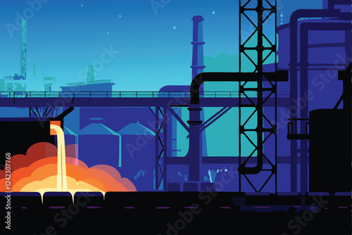 Create a detailed vector illustration of a steel mill at night, showcasing glowing molten steel in a ladle, cranes, and industrial structures.