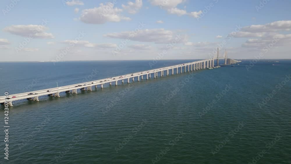 A stunning bird's-eye view of the Sunshine Skyway Bridge stretching across the waters of St. Petersburg, Florida, on a clear, sunny day. A stunning bird's-eye view of the Sunshine Skyway Bridge stretching across the waters of St. Petersburg, Florida, on a clear, sunny day.
