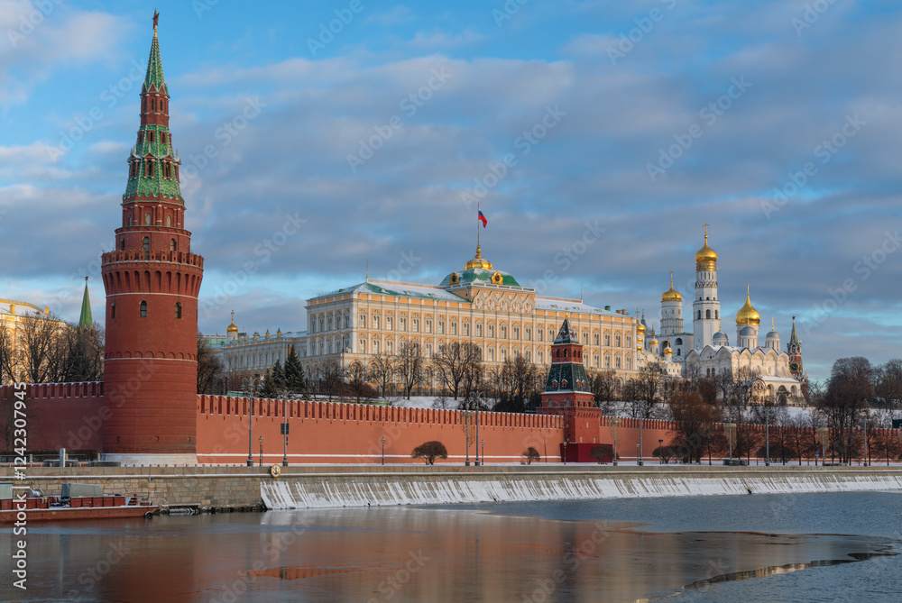 Vodovzvodnaya and Annunciation Towers of the Kremlin Wall, the Grand Kremlin Palace and the Kremlin Embankment of the Moskva River, Moscow, Russia Vodovzvodnaya and Annunciation Towers of the Kremlin Wall, the Grand Kremlin Palace and the Kremlin Embankment of the Moskva River, Moscow, Russia