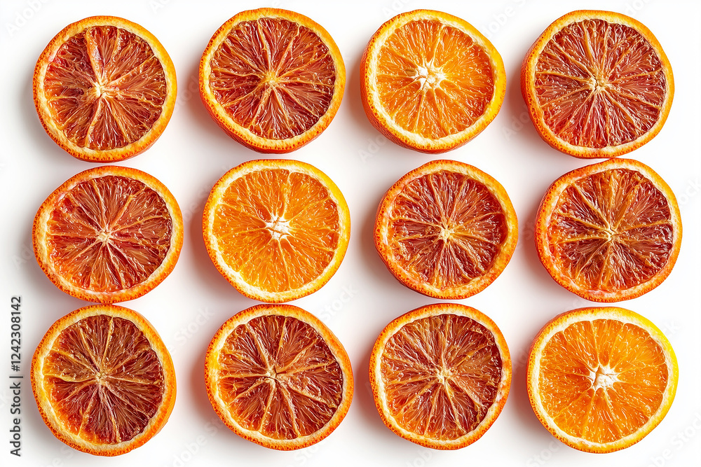A creative flat lay of sliced oranges arranged in a perfect geometric pattern on a clean white background, highlighting their vibrant color and juicy texture A creative flat lay of sliced oranges arranged in a perfect geometric pattern on a clean white background, highlighting their vibrant color and juicy texture