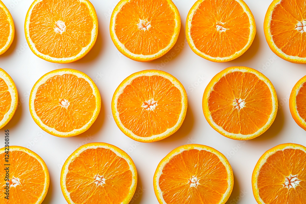 A creative flat lay of sliced oranges arranged in a perfect geometric pattern on a clean white background, highlighting their vibrant color and juicy texture A creative flat lay of sliced oranges arranged in a perfect geometric pattern on a clean white background, highlighting their vibrant color and juicy texture