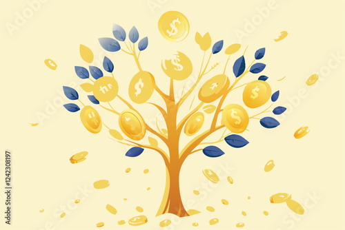 Create a vibrant vector illustration depicting passive income streams, showcasing a steady flow of gold coins into a digital wallet or piggy bank.