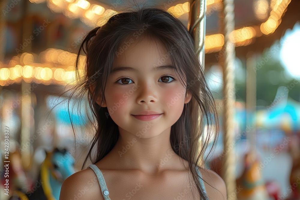 Young Girl Smiles Near A Luminous Carousel Young Girl Smiles Near A Luminous Carousel