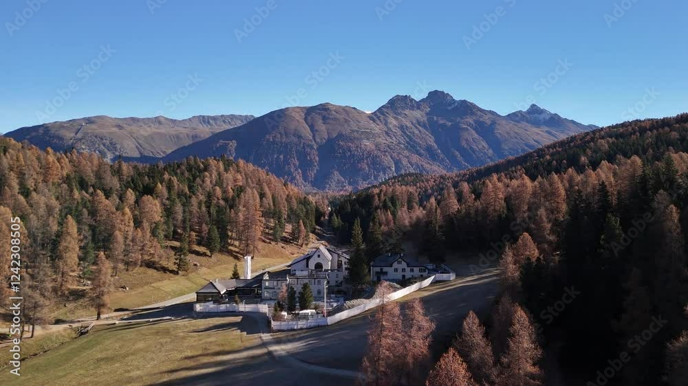 Autumn in Switzerland alpine resort town Saint Moritz Swiss Alps autumn forest, aerial drone Autumn in Switzerland alpine resort town Saint Moritz Swiss Alps autumn forest, aerial drone