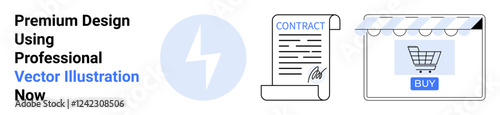 Lightning bolt, signed contract, and online storefront with shopping cart symbolize energy, agreements, and digital retail. Ideal for e-commerce, business, contracts, technology shopping startups