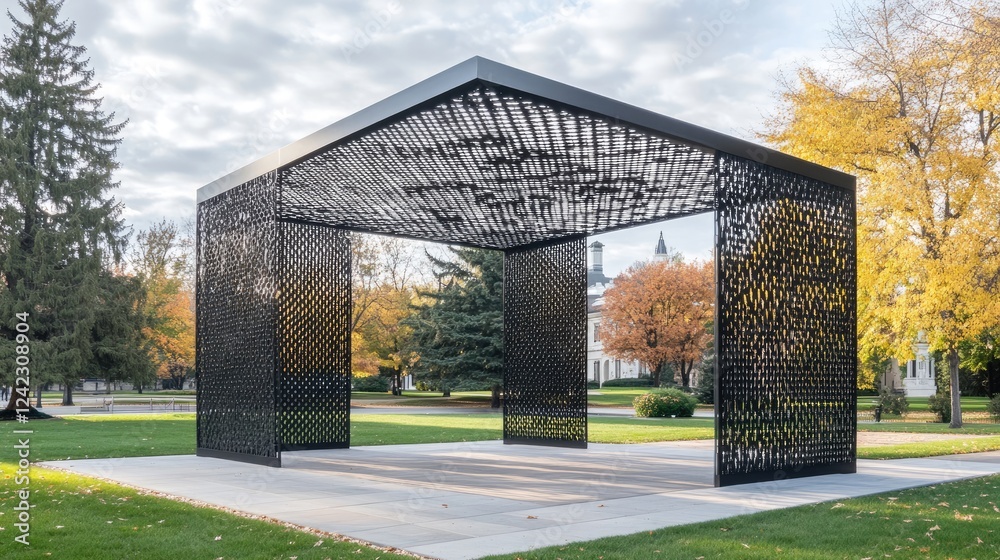 Obraz premium Contemporary pavilion with a metal mesh roof casting artistic shadows.