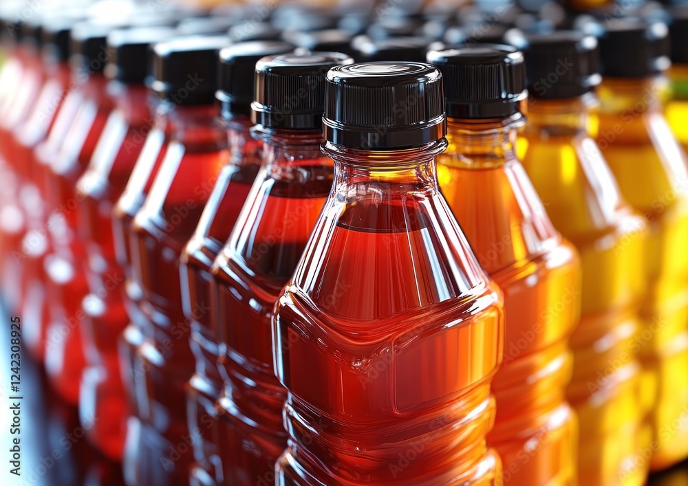 Bottles filled with colored liquids arranged in a row, blurry background. For retail Bottles filled with colored liquids arranged in a row, blurry background. For retail