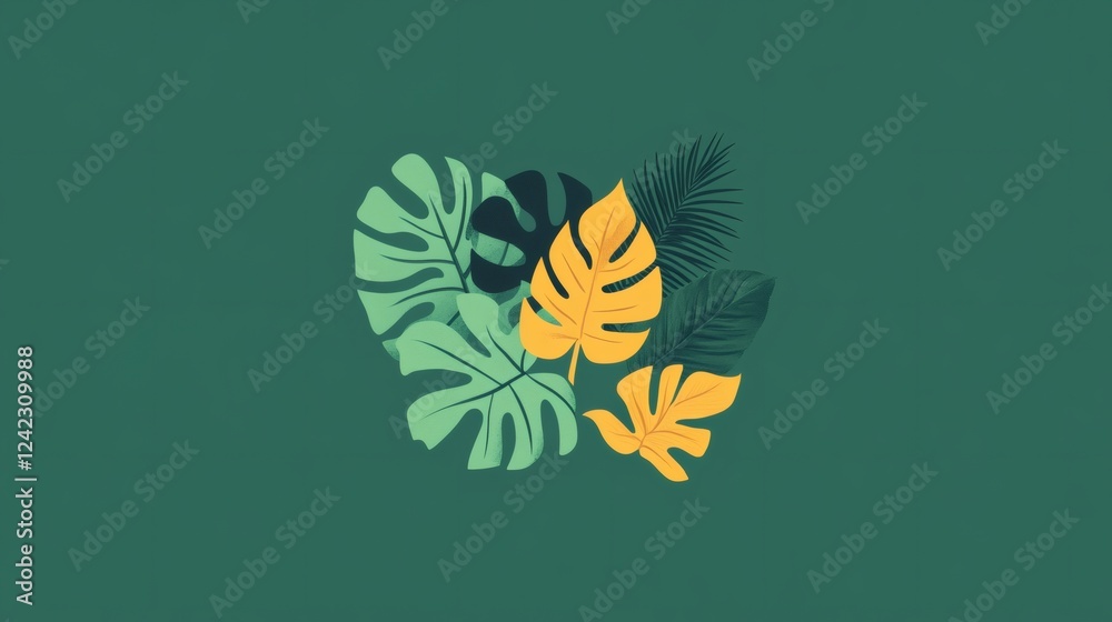 Tropical Leaf Cluster on Teal Background Flat Lay Design Element Tropical Leaf Cluster on Teal Background Flat Lay Design Element