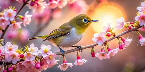 Warbling White-eye Bird Feeding on Cherry Blossom Nectar in Japan - Stunning Low Light Photography