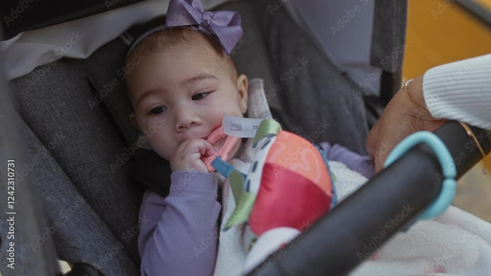 Baby girl in stroller outdoors with loving woman's hand providing toy on sunny urban street Baby girl in stroller outdoors with loving woman's hand providing toy on sunny urban street