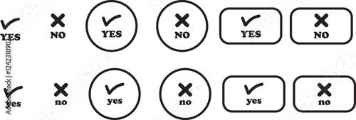 Sharp green checkmark and red cross icon set on isolated transparent background black vector symbol for right and wrong choices. Modern flat and line design symbol tick sign collection. Yes or No.