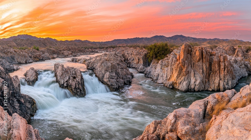 Cascading River Through Rocky Gorge at Sunset Cascading River Through Rocky Gorge at Sunset