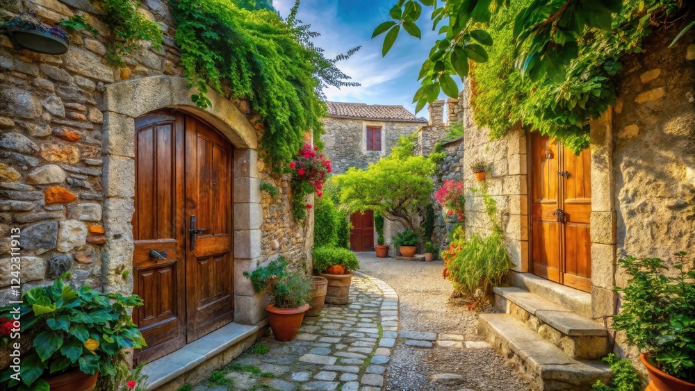 Fototapeta premium Traditional Courtyard in Pythagorio, Samos Island, Greece - Large Wooden Door, Stone Paved Alley, Lush Garden, European Charm, Mediterranean Architecture, Historic Village Scene