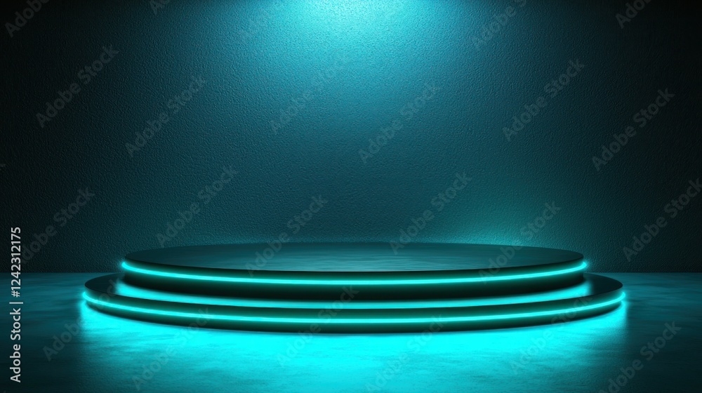 Obraz premium Neon-lit stage platform, blue background, product display