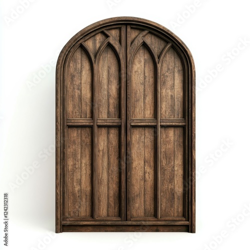 Front view of a wooden, arched door with a gothic design featuring vertical panels and decorative cutouts.