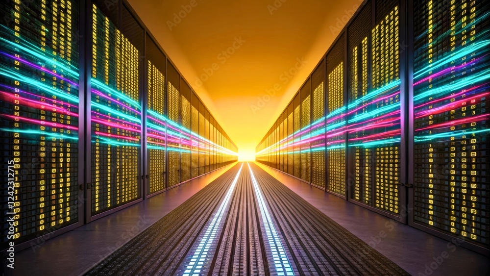 Fototapeta premium Futuristic Data Center with Vibrant Lights and Glowing Binary Code in a Digital Landscape
