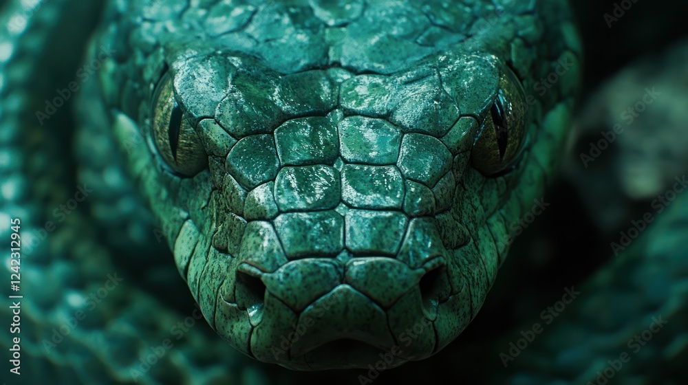 Close-up of a vibrant green snake's head. Close-up of a vibrant green snake's head.
