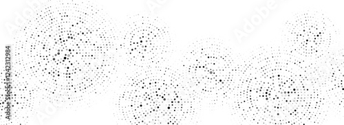 Black dotted concentric circle pattern. Radial halftone abstract drop wallpaper. Rippled sound wave ring background. Tech circular particle texture for banner, poster, presentation. Vector backdrop