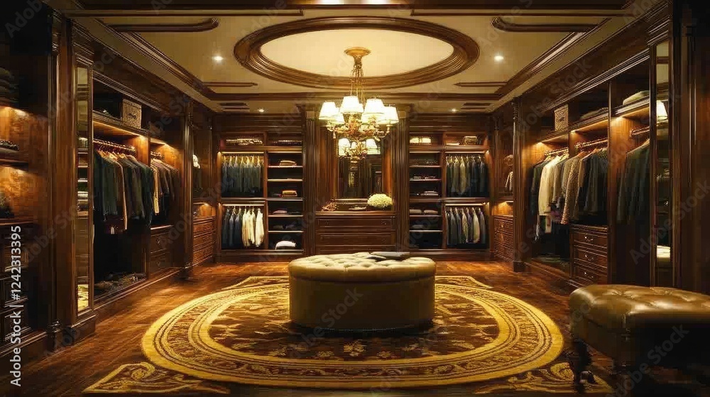 Obraz premium Luxury walk-in closet with built-in wardrobe organizers.